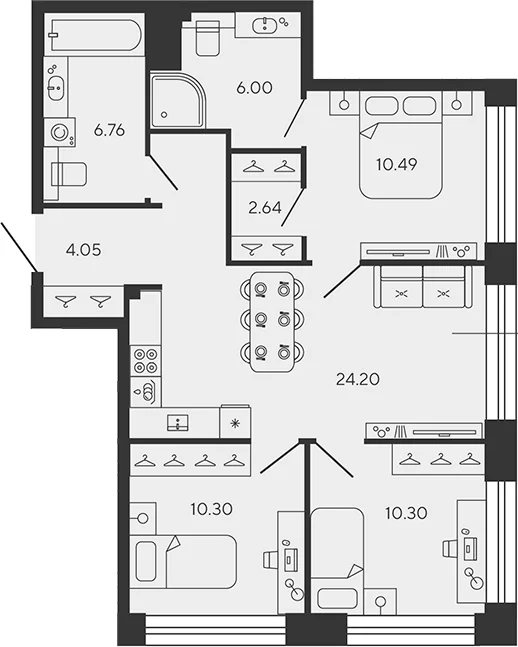 Планировка: Квартира евро-4 74,7 м² в ЖК «BASHNI ELEMENT»