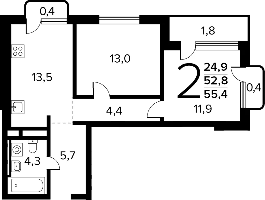 Планировка: 2-комнатная квартира 52,8 м² в ЖК «Новые Ватутинки Квартал у реки»