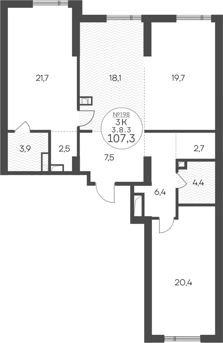Планировка: 3-комнатная квартира 107,3 м² в ЖК «Клубный квартал КРЫЛАТСКАЯ 33»