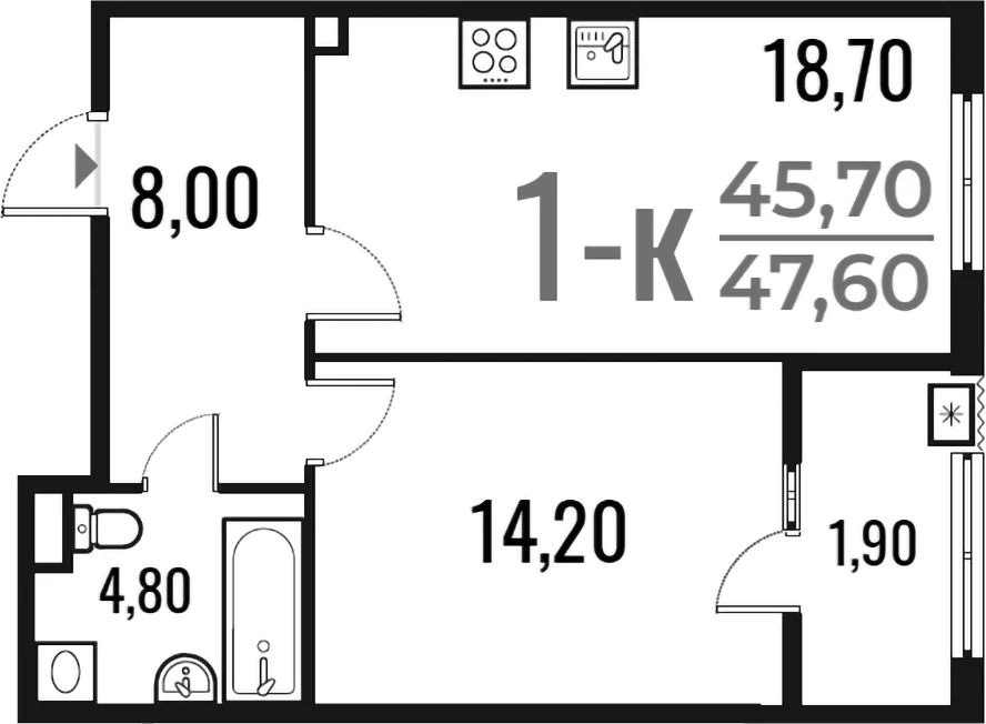 Планировка: 1-комнатная квартира 45,7 м² в ЖК «Новое Летово»