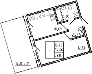 Планировка: 1-комнатная квартира 34,7 м² в ЖК «Bereg. Курортный»