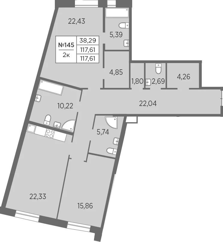 Планировка: Евротрёшка 117,6 м² в ЖК «Северная Корона»