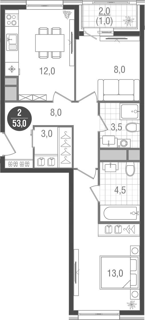 Планировка: 2-комнатная квартира 52 м² в ЖК «Кантемировский»