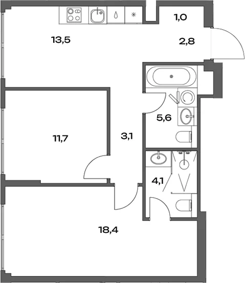 Планировка: 2-комнатная квартира 60,2 м² в ЖК «Акценты»