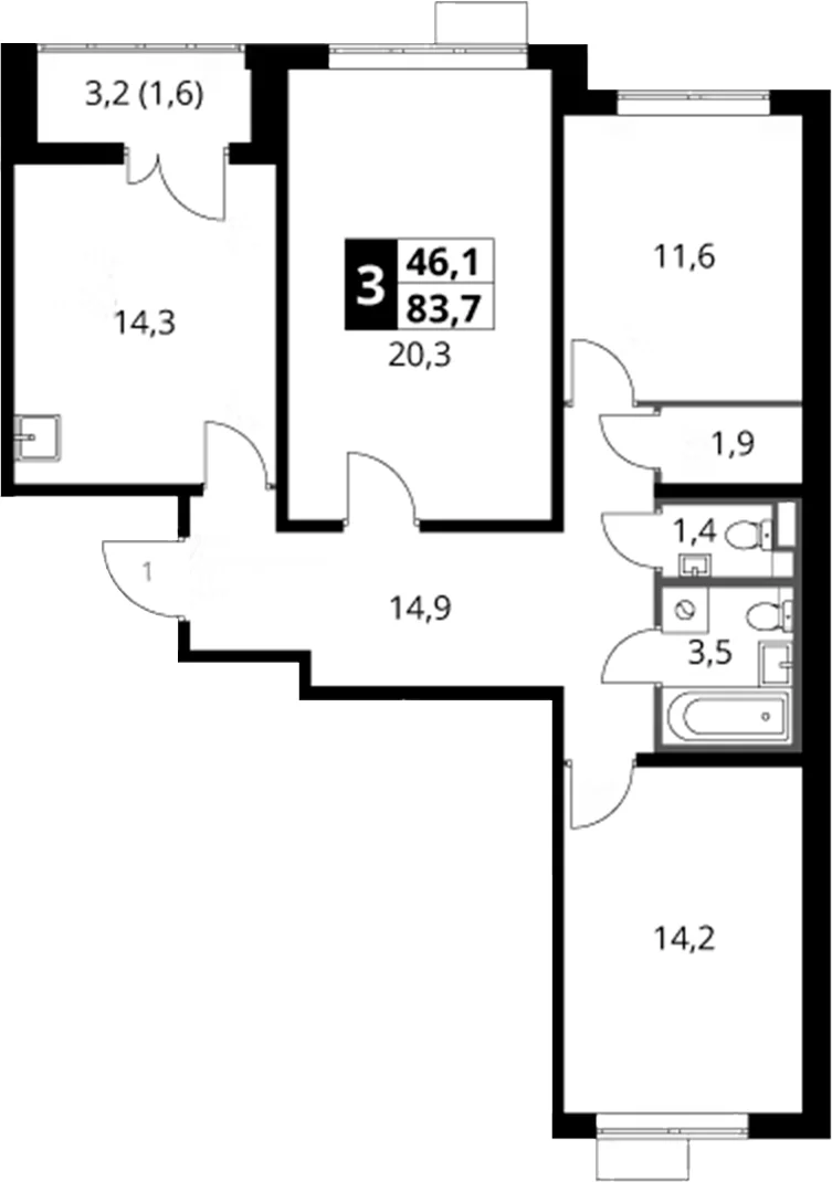 Планировка: 3-комнатная квартира 82,1 м² в ЖК «1-й Саларьевский»