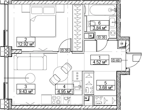 Планировка: Евродвушка 39,3 м² в ЖК «Сити Бэй»
