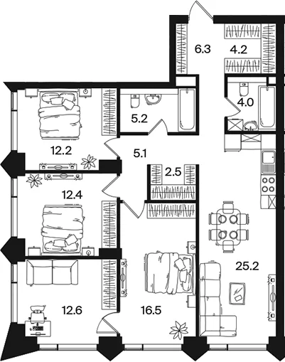 Планировка: Квартира евро-5 106,2 м² в ЖК «РАКУРС»