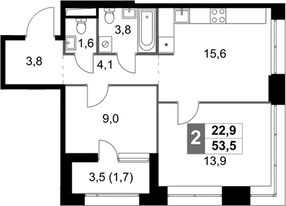 Планировка: Евротрёшка 51,8 м² в ЖК «Скай Гарден»