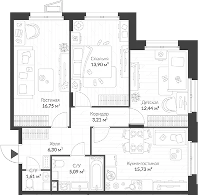 Планировка: Квартира евро-4 75 м² в ЖК «ВЕРЕН НОРТ Cертолово»