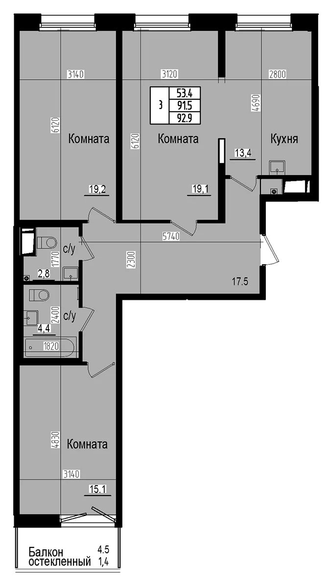 Планировка: 3-комнатная квартира 91,5 м² в ЖК «Прагма Сити»