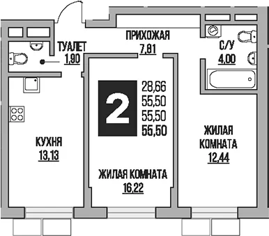 Планировка: 2-комнатная квартира 55,5 м² в ЖК «Гранель Живописный»