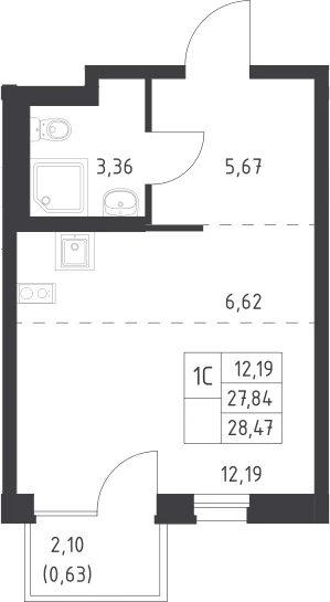 Планировка: Студия 27,8 м² в ЖК «Новое Внуково»
