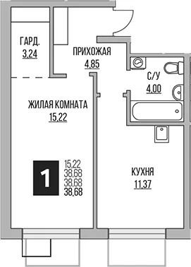 Планировка: 1-комнатная квартира 38,7 м² в ЖК «Гранель Притяжение Сити»