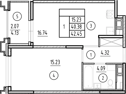 Планировка: Евродвушка 40,4 м² в ЖК «Ассамблея»
