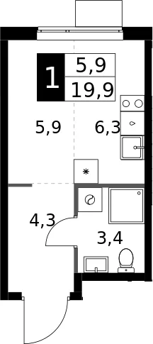 Планировка: Студия 19,9 м² в ЖК «1-й Измайловский»