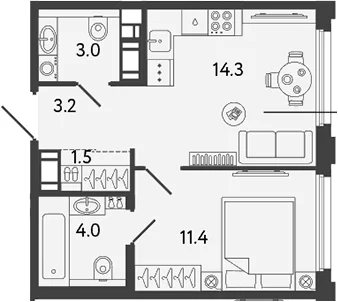 Планировка: 1-комнатная квартира 37,4 м² в ЖК «Гений»