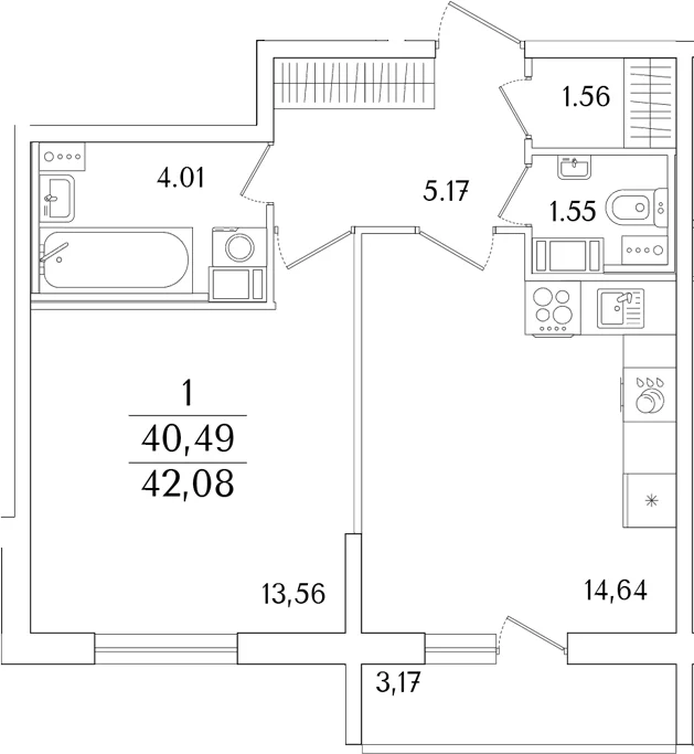 Планировка: 1-комнатная квартира 40,5 м² в ЖК «Кинопарк»