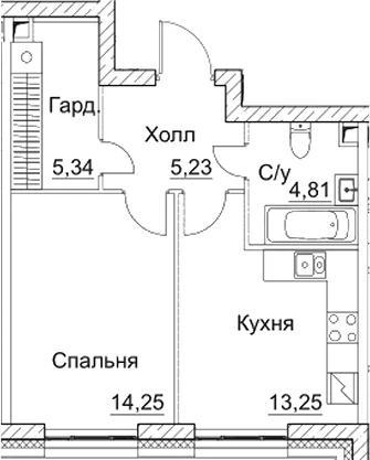 Планировка: 1-комнатная квартира 42,9 м² в ЖК «СЕЗАР СИТИ»