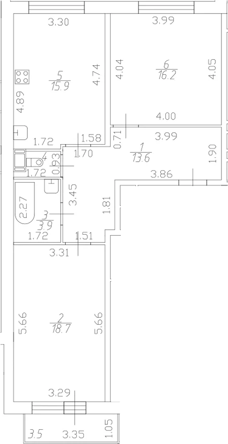 Планировка: Евротрёшка 69,6 м² в ЖК «Полет»