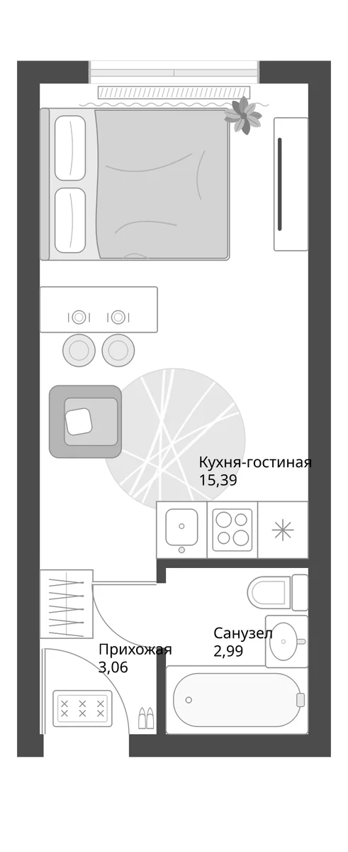 Планировка: Студия 21,4 м² в ЖК «Апарт-комплекс Первый Зеленый»