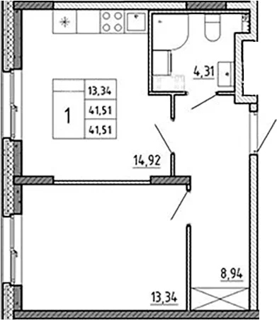 Планировка: 1-комнатная квартира 41,5 м² в ЖК «Аннино Сити»
