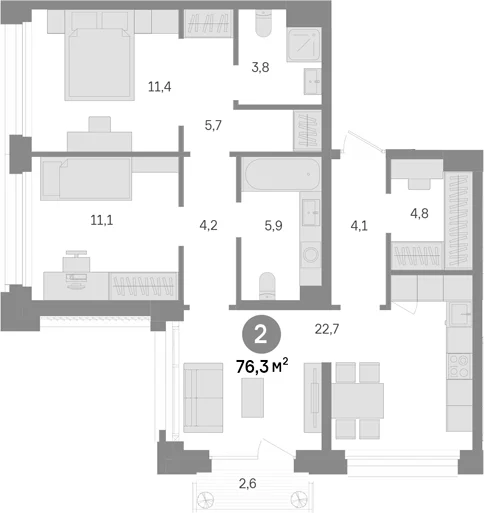 Планировка: 2-комнатная квартира 73,7 м² в ЖК «Квартал Издание»