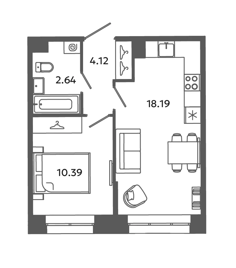 Планировка: Евродвушка 37,4 м² в ЖК «Загляденье»