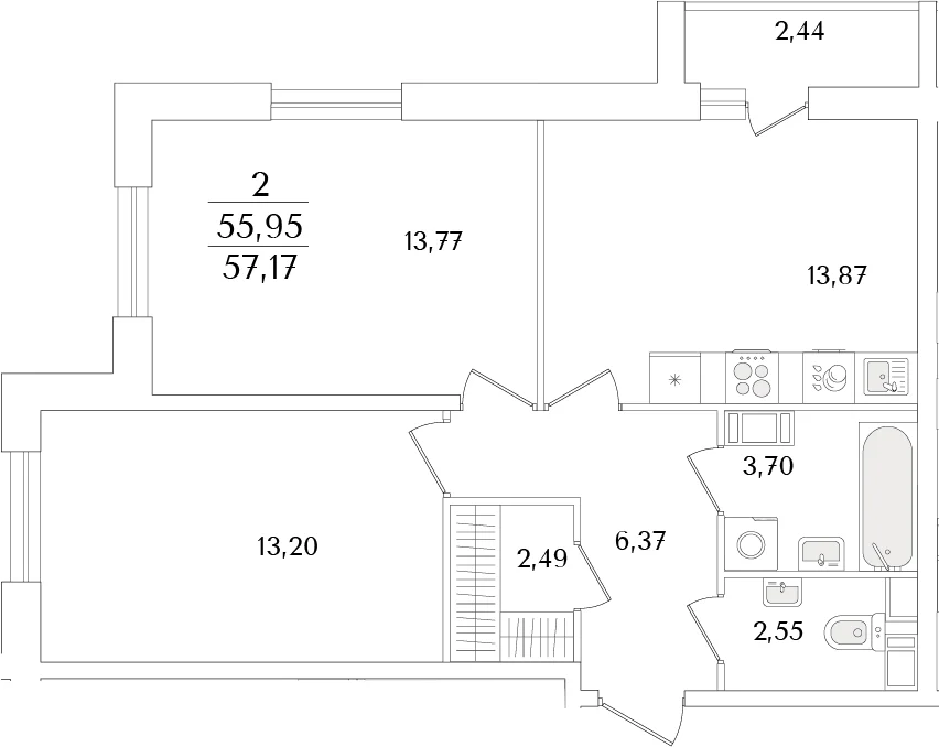 Планировка: Евротрёшка 56 м² в ЖК «Кинопарк»