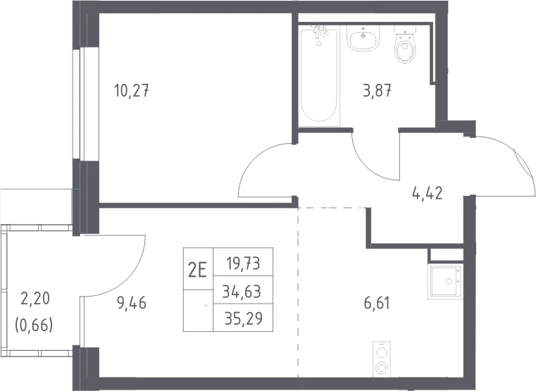 Планировка: Евродвушка 34,6 м² в ЖК «Молжаниново»