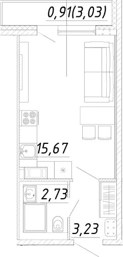 Планировка: Студия 21,6 м² в ЖК «Догма Юкки»