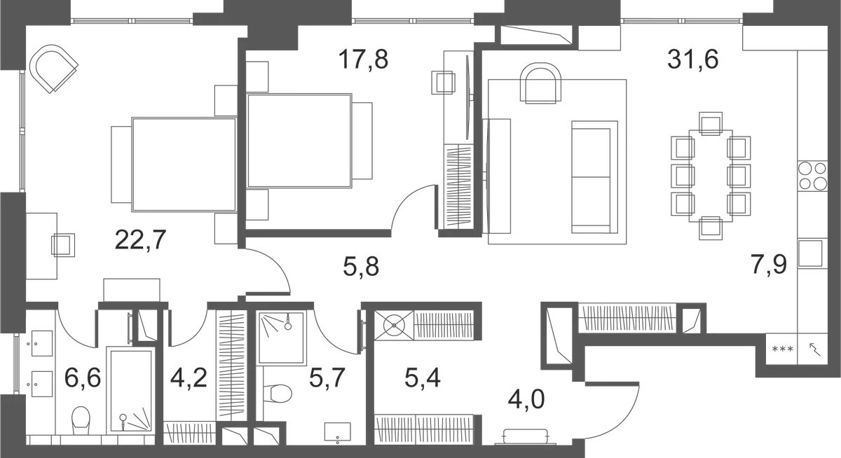 Планировка: Евротрёшка 111,6 м² в ЖК «Клубные особняки Ильинка 3/8»
