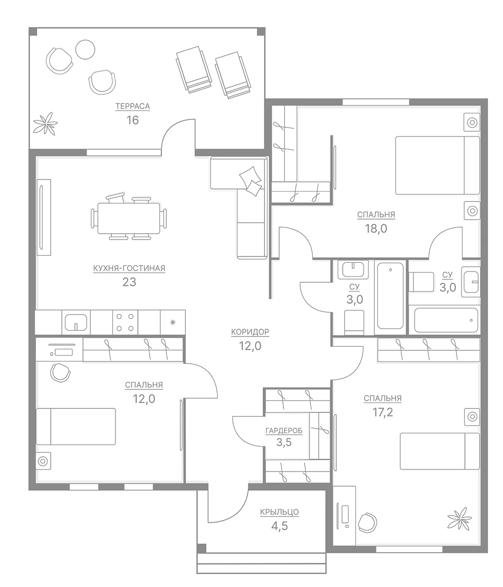Планировка: Коттедж 79,7 м² в ЖК «Коттеджный поселок Ново-Соколово»