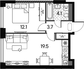 Планировка: Евродвушка 39,4 м² в ЖК «МАРК»