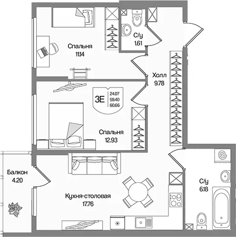 Планировка: Евротрёшка 59,4 м² в ЖК «Охтинские высоты»