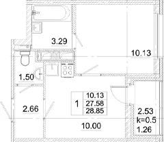 Планировка: 1-комнатная квартира 27,6 м² в ЖК «Аэросити»