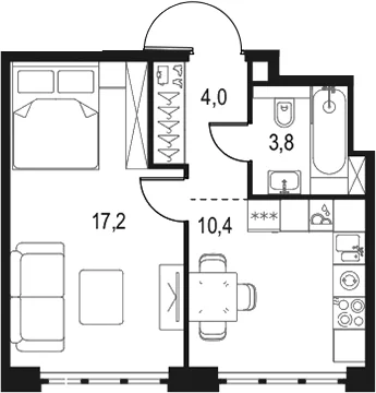 Планировка: 1-комнатная квартира 35,4 м² в ЖК «Левел Южнопортовая»