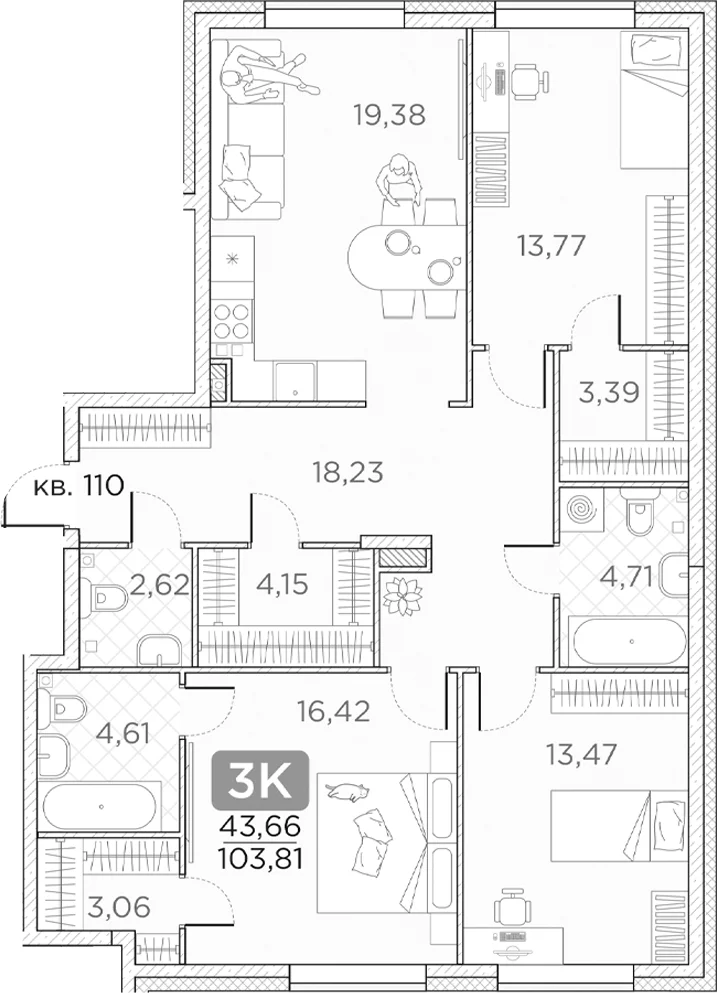 Планировка: Квартира евро-4 103,8 м² в ЖК «Гильдия»