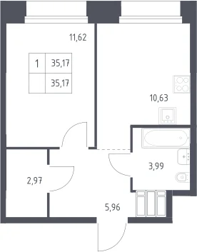 Планировка: 1-комнатная квартира 35,2 м² в ЖК «Тропарево Парк»