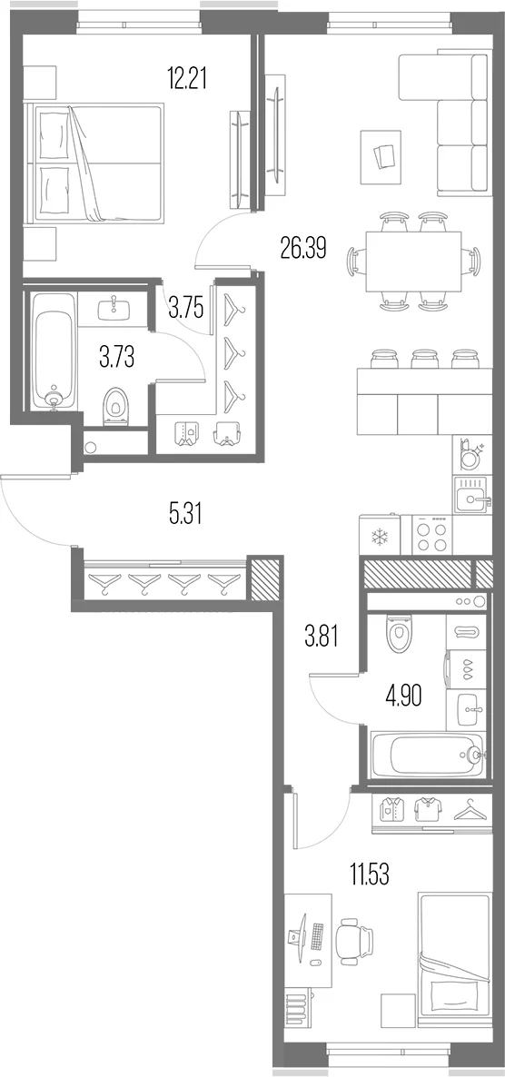 Планировка: Евротрёшка 71,6 м² в ЖК «Легенда Васильевского»
