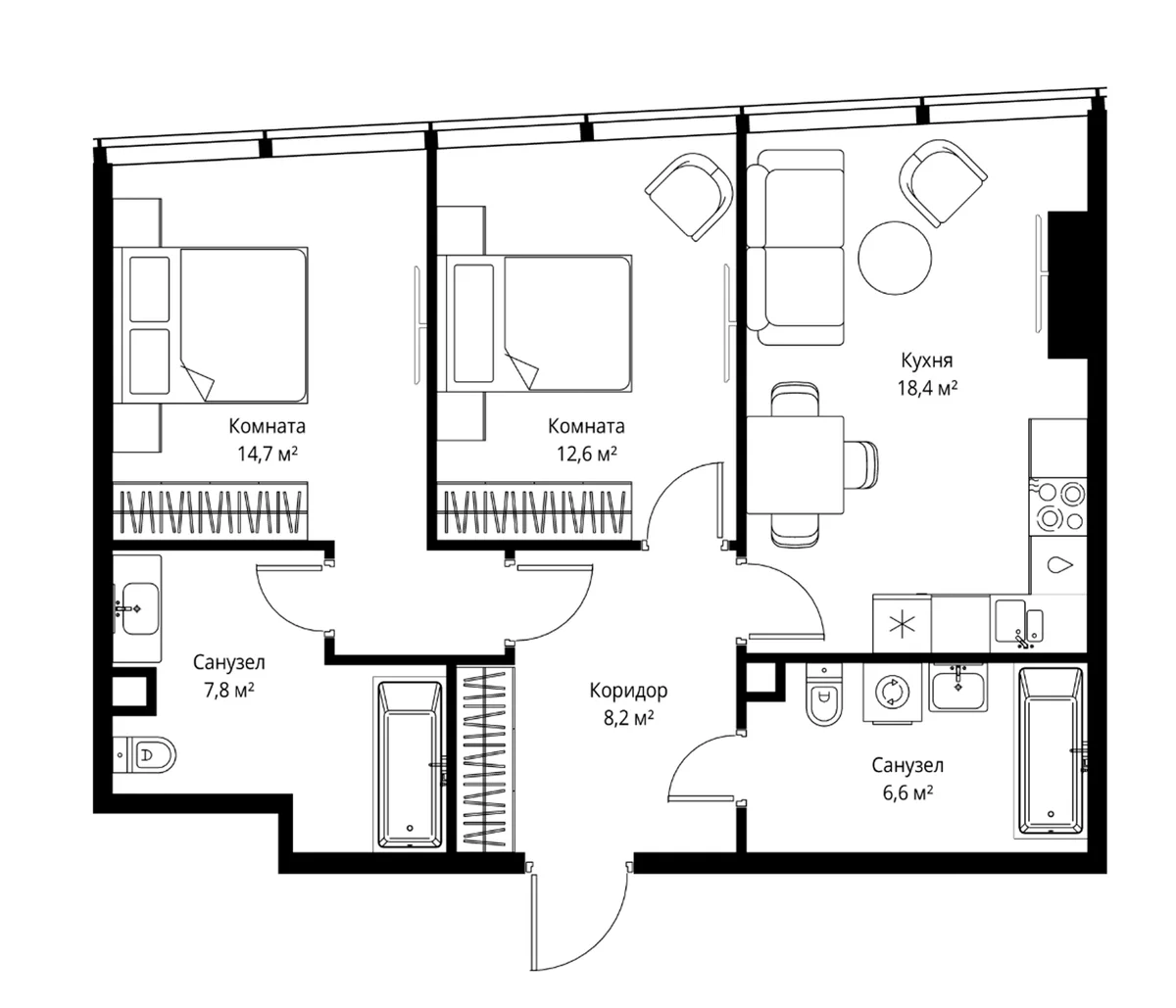Планировка: Евротрёшка 68,3 м² в ЖК «ОНЕ»