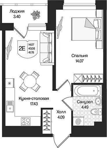 Планировка: Евродвушка 40,1 м² в ЖК «Охтинские высоты»