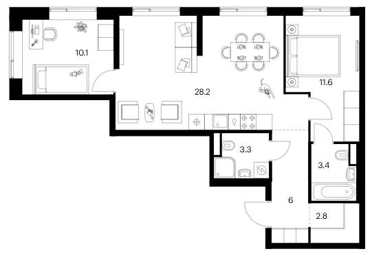 Планировка: 2-комнатная квартира 65,4 м² в ЖК «Бунинская набережная»