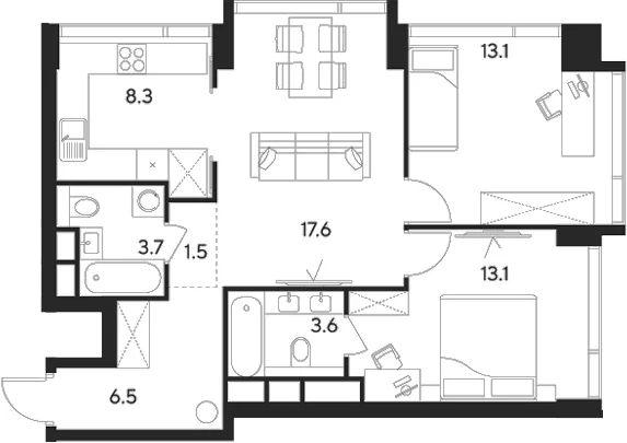 Планировка: Евротрёшка 67,4 м² в ЖК «Инди Тауэрз от Аквилон»