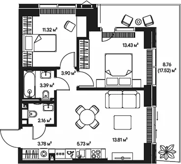 Планировка: Евротрёшка 57,5 м² в ЖК «Джойс»