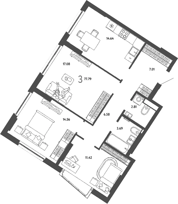 Планировка: 3-комнатная квартира 77,8 м² в ЖК «Страна.Парковая»