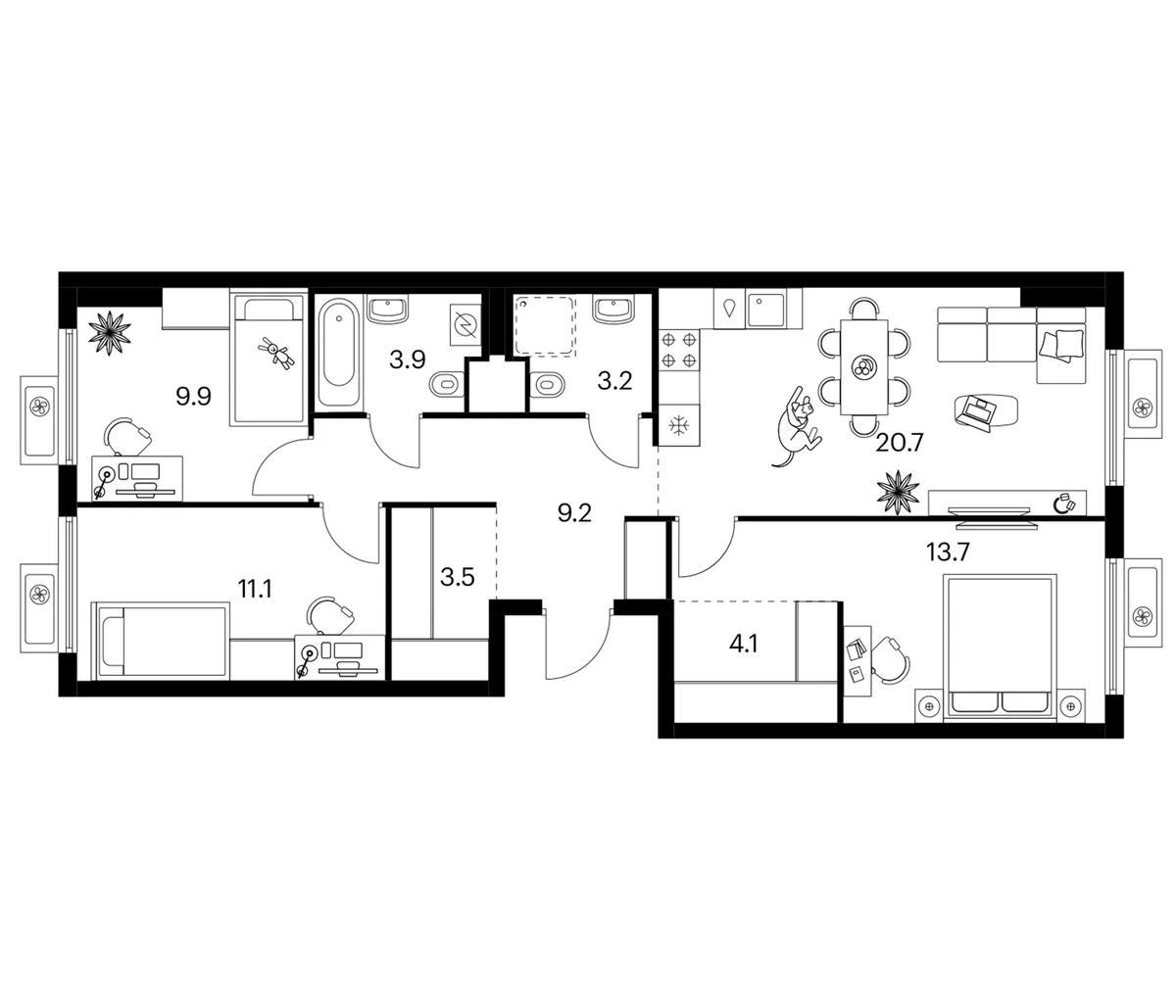 Планировка: 3-комнатная квартира 79,3 м² в ЖК «Белая Дача парк»