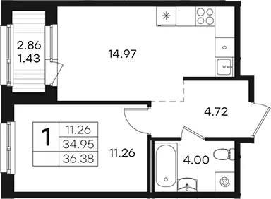 Планировка: 1-комнатная квартира 35 м² в ЖК «Парголово»