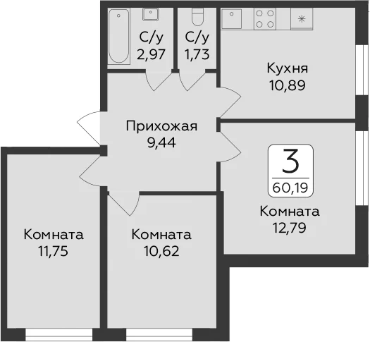 Планировка: 3-комнатная квартира 60,2 м² в ЖК «Панорама Юкки. ГК Развитие. Санкт-Петербург»