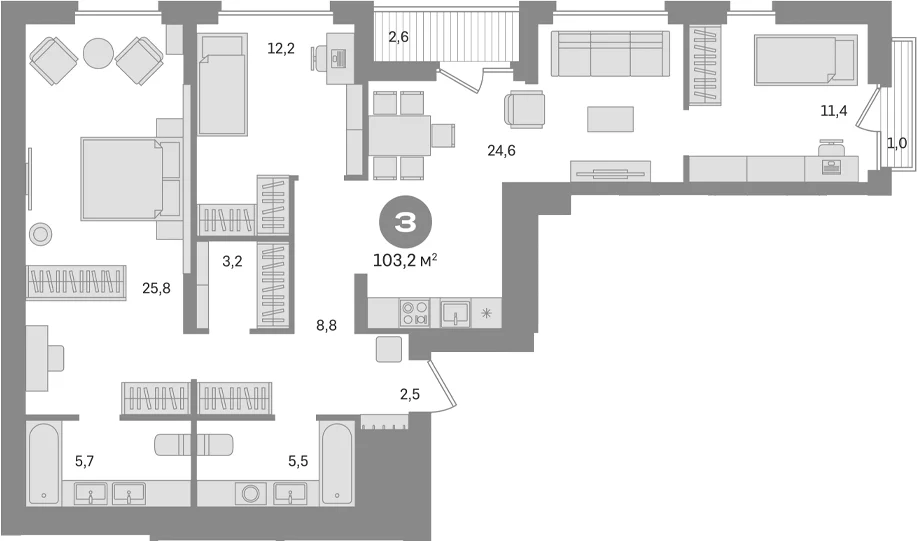 Планировка: 3-комнатная квартира 99,6 м² в ЖК «Первый квартал. Вторая очередь»