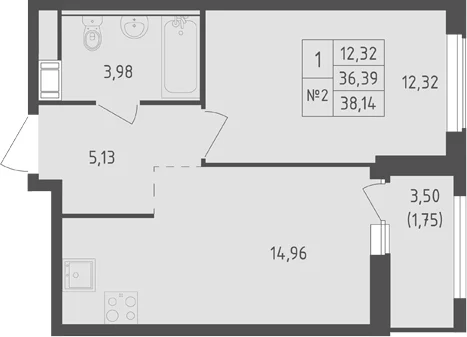 Планировка: 1-комнатная квартира 36,4 м² в ЖК «Южная Нева»